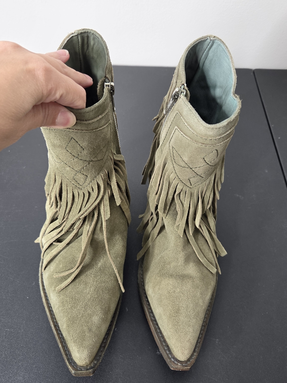 Free People Lawless Fringe Western Ankle Boots Olive Green Suede - Picture 4 of 11